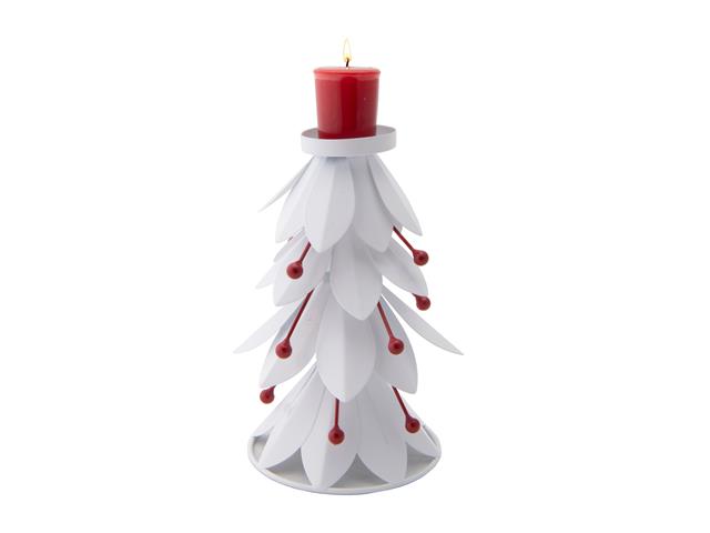 8.5" WHITE METAL TREE WITH BERRIES CANDLE HOLDER